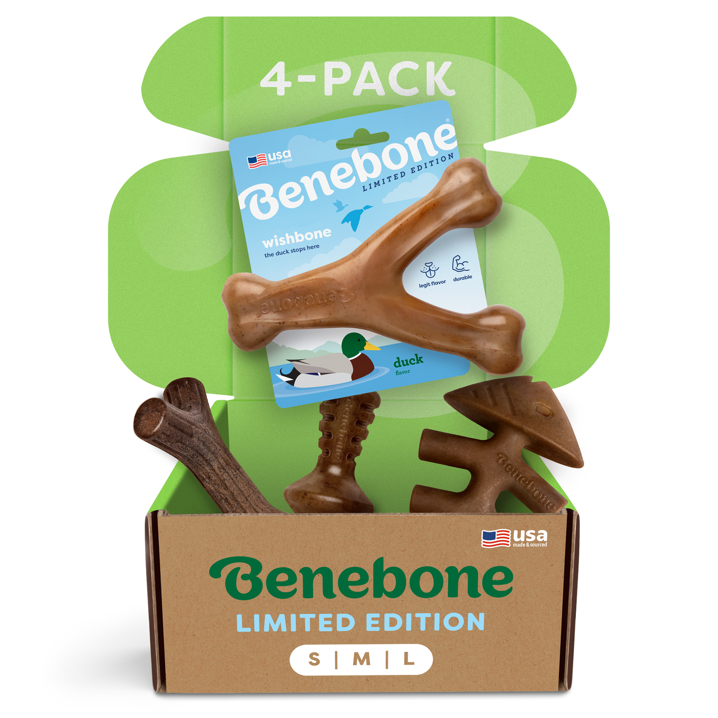 An open box labeled Benebone Limited Edition Chew Collection (4-Pack) displays four durable dog chews in assorted shapes. The green and blue packaging features a product card with a wishbone-shaped Benebone chew toy.
