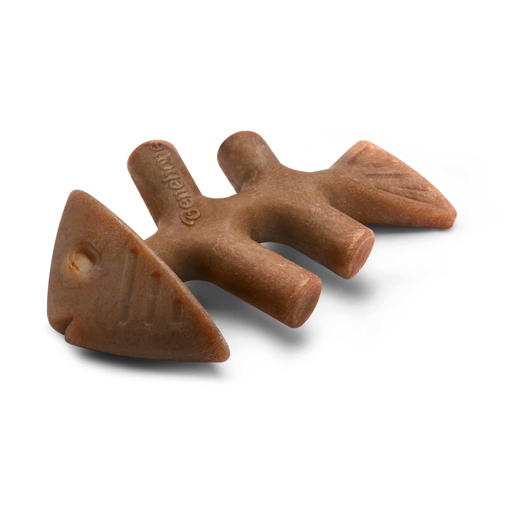 A brown Benebone Fishbone durable chew toy with three prongs and engraved text, shaped like a fishbone, is shown on a white background.