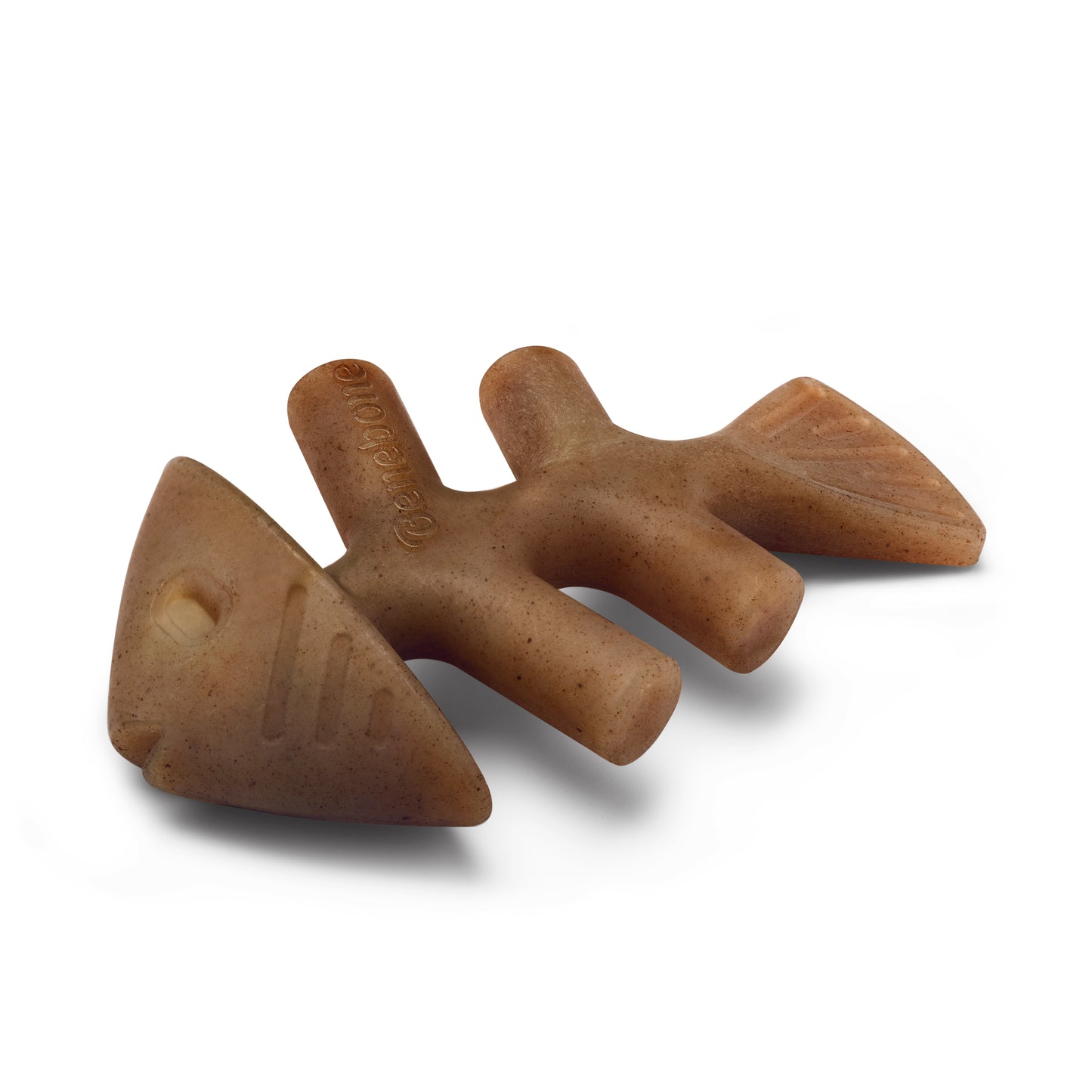 The Benebone Fishbone is a brown, fish-shaped dog chew toy with a stylized head and fins plus hollow grips. Durable and interactive, it’s ideal for playful pups who love to chew.