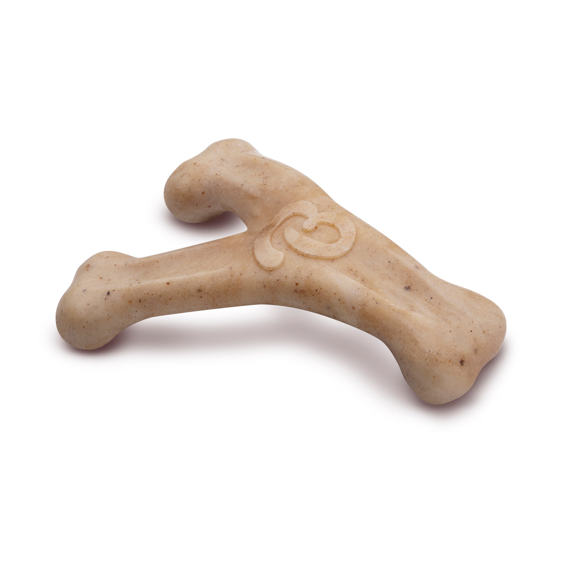 The Benebone Puppy Wishbone is a beige, speckled bacon-flavored chew toy shaped like crossed bones with a heart on top—perfect for teething puppies.