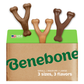 Three Y-shaped Benebone Wishbone Trio (3-Pack) chew toys in brown tones are visible in tan and green packaging marked “3 sizes, 3 flavors." A USA flag appears in the top left, showcasing this durable Benebone dog toy.