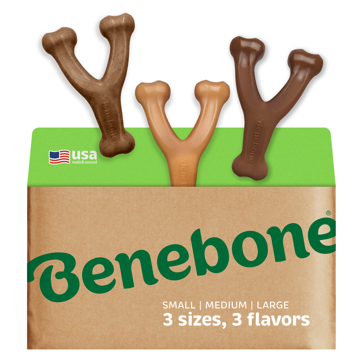 Three Y-shaped Benebone Wishbone Trio (3-Pack) chew toys in brown tones are visible in tan and green packaging marked “3 sizes, 3 flavors." A USA flag appears in the top left, showcasing this durable Benebone dog toy.