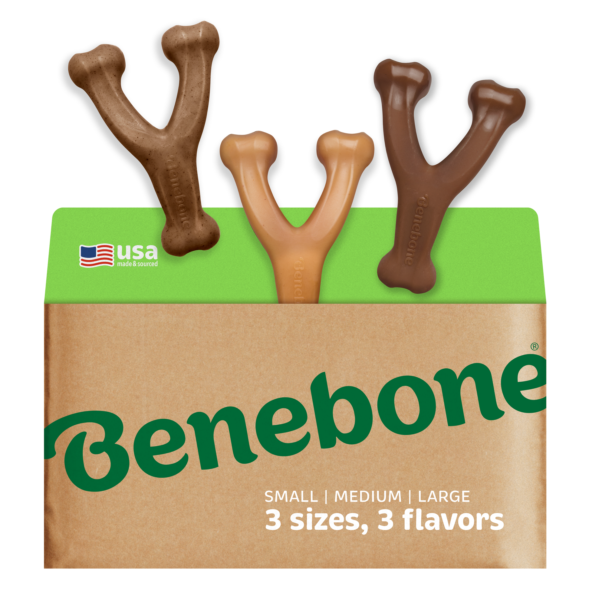 Three Y-shaped Benebone Wishbone Trio (3-Pack) chew toys in brown tones are visible in tan and green packaging marked “3 sizes, 3 flavors." A USA flag appears in the top left, showcasing this durable Benebone dog toy.