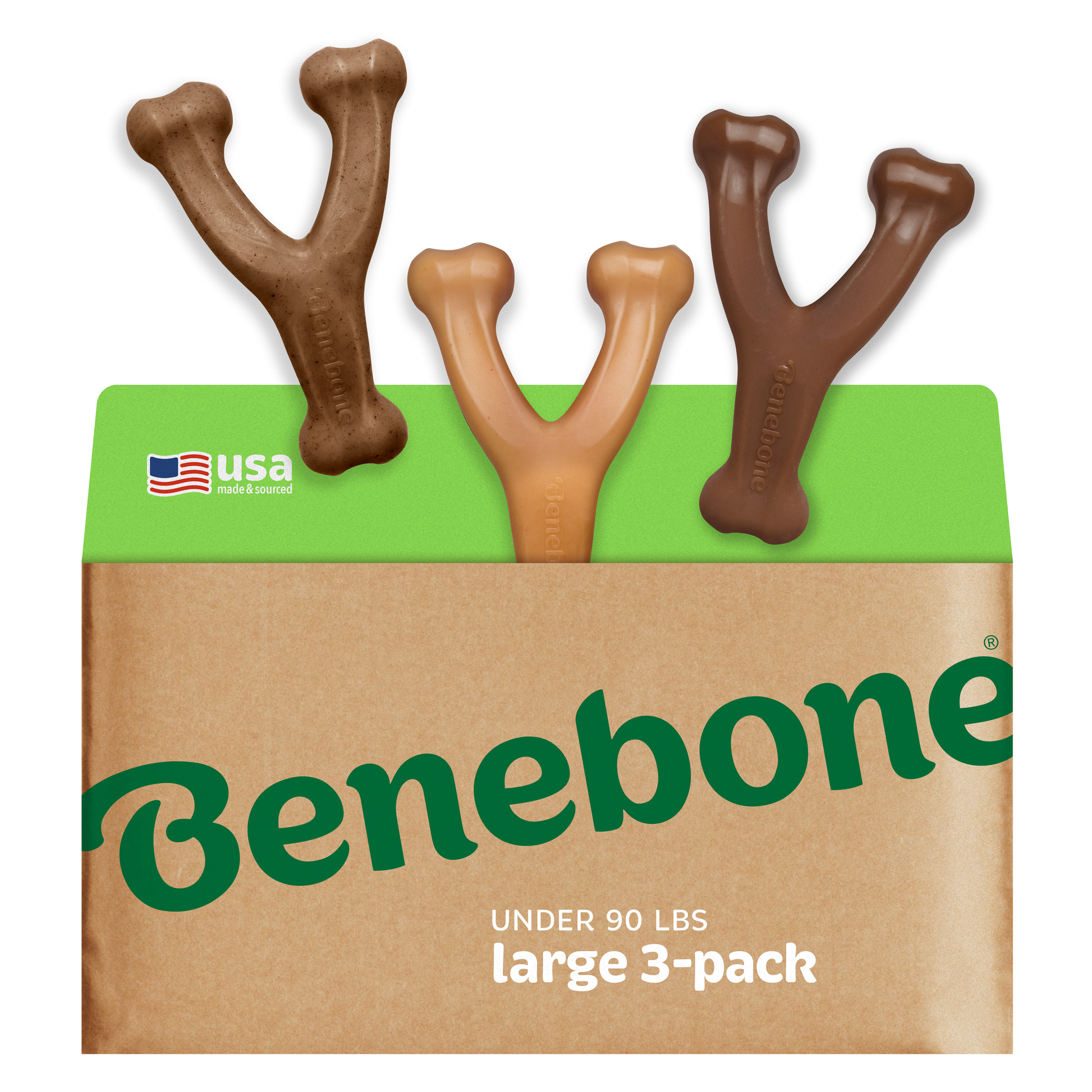 Three Y-shaped Benebone Wishbone Trio chews in brown and tan stick out of a brown and green box labeled "large 3-pack, under 90 lbs"; a small USA flag shows these durable dog toys are made in the USA.