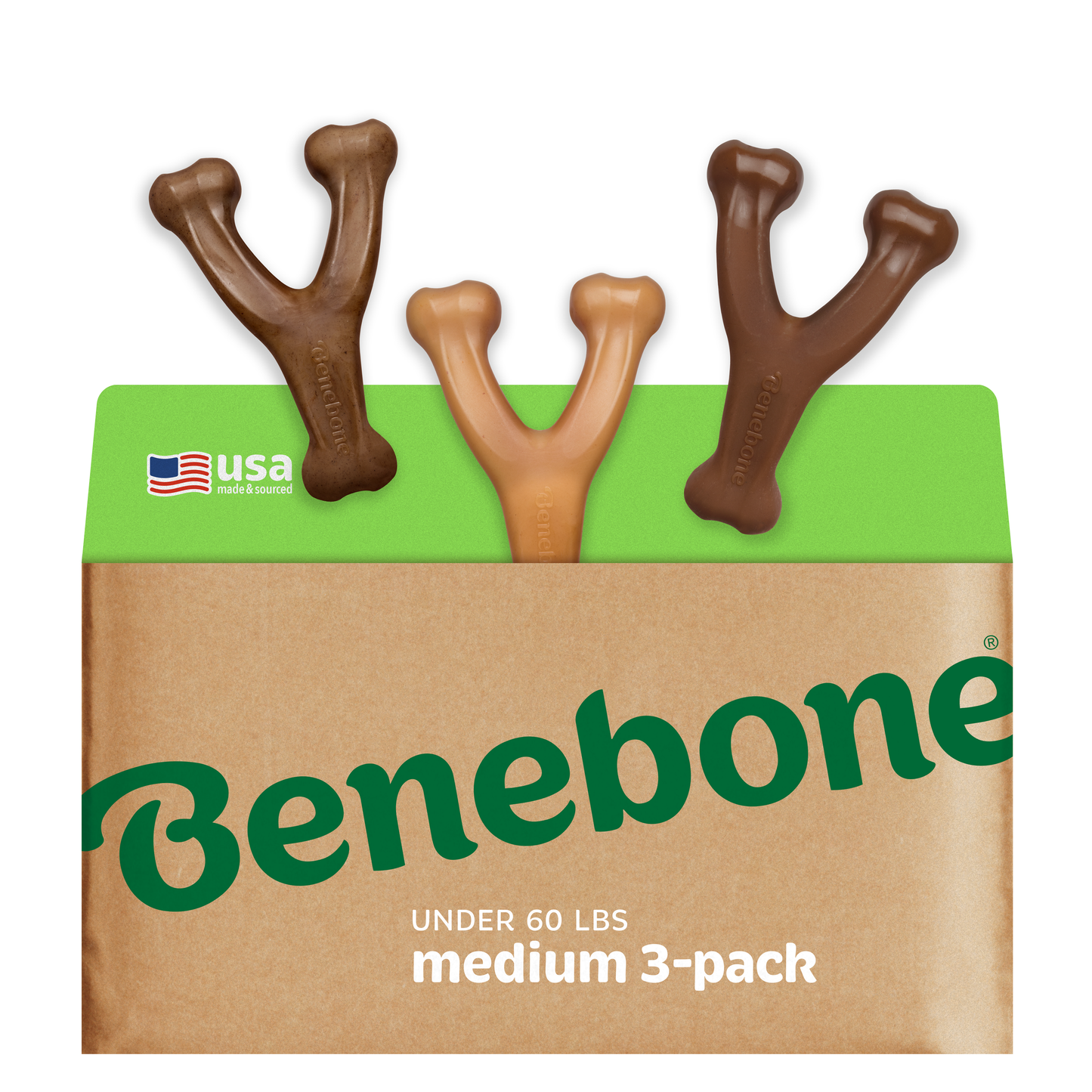 Three brown, Y-shaped Benebone Wishbone Trio (3-Pack) chew toys extend from a tan and green package marked “UNDER 60 LBS medium.” A small USA flag icon highlights these durable Benebone dog toys in the top left corner.