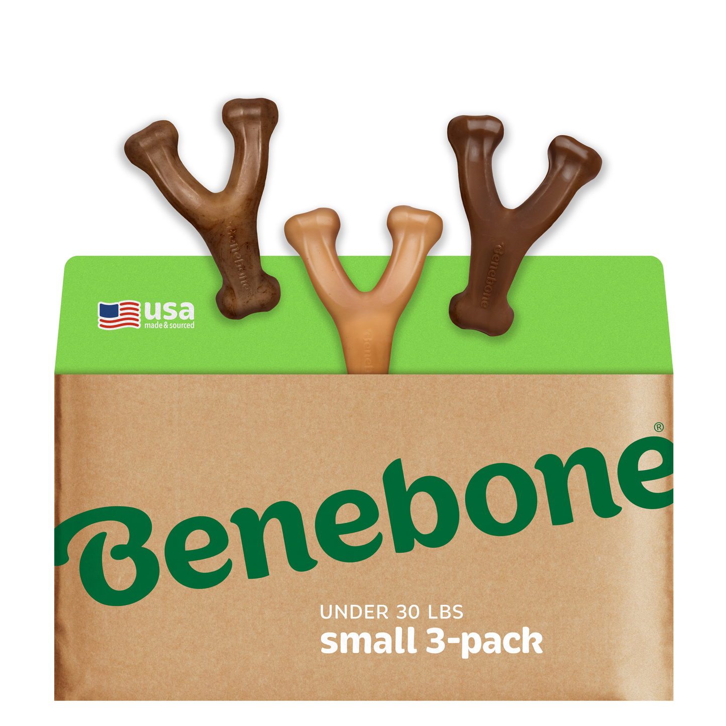 A Benebone Wishbone Trio (3-Pack) with three durable Y-shaped dog chew toys in brown shades sticks out from the package, featuring a USA made & sourced label and showcasing the popular Benebone Wishbone design.