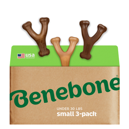A Benebone Wishbone Trio (3-Pack) with three durable Y-shaped dog chew toys in brown shades sticks out from the package, featuring a USA made & sourced label and showcasing the popular Benebone Wishbone design.