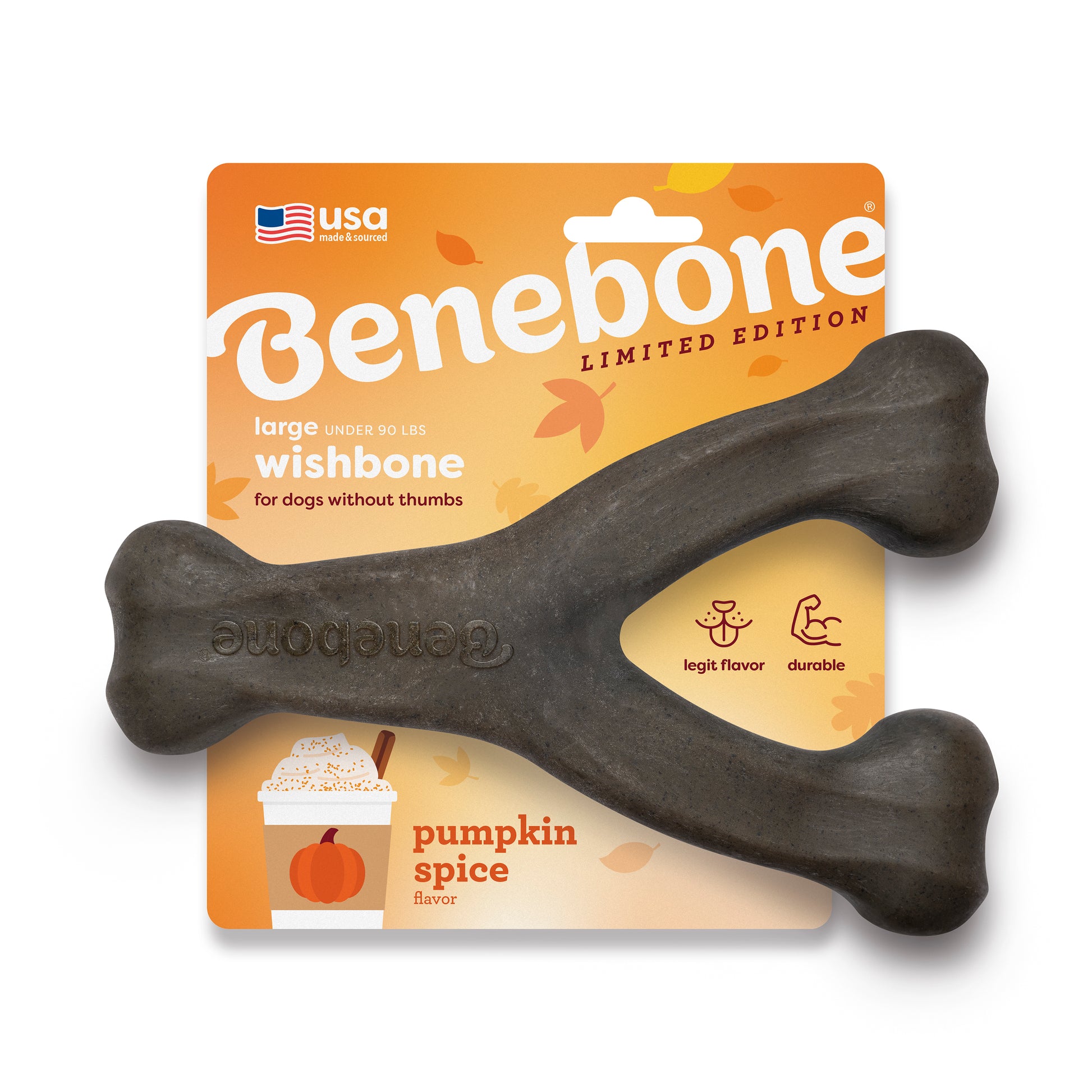 The Benebone Pumpkin Spice Wishbone is a large, durable dark chew toy for dogs, featuring legit pumpkin spice flavor in limited edition orange packaging—a perfect seasonal treat for your pup.