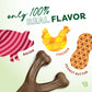Illustration shows bacon, chicken, and peanut butter with a durable Benebone Wishbone dog toy below. Text reads: Only 100% real flavor. Bacon, chicken, peanut butter—your dogs new favorite Wishbone chew toy!.