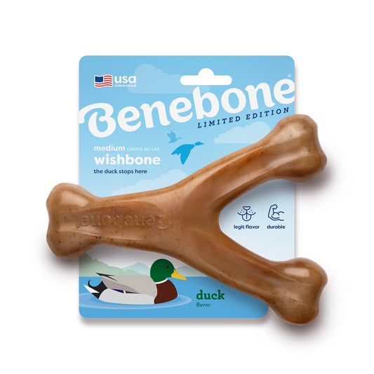 The Limited-Edition Benebone Duck Wishbone. USA Made & Sourced. The Duck Stops Here. For Medium Dogs Under 60 Lbs. Shipped in Exclusive Seasonal Packaging.