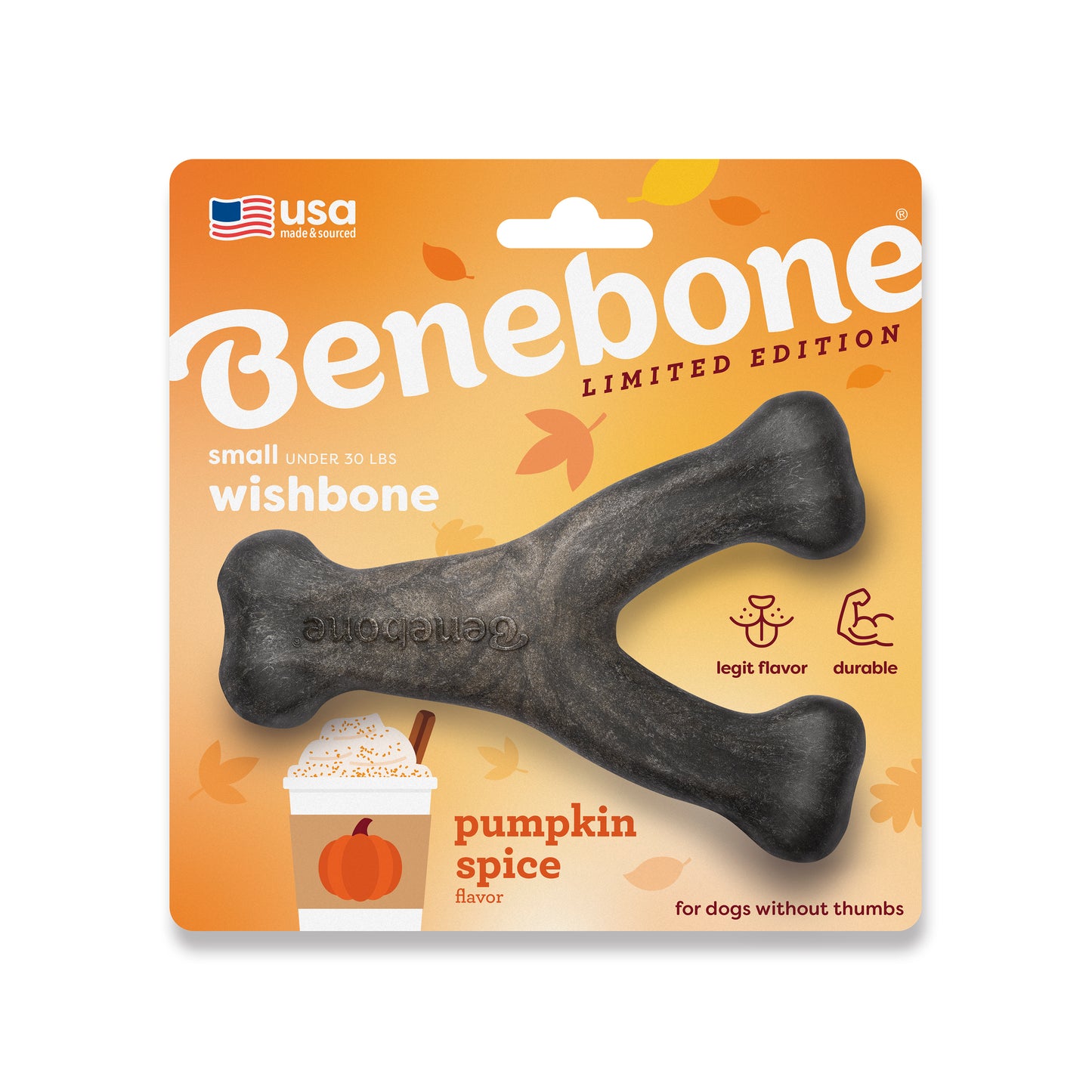 The Benebone Pumpkin Spice Wishbone is a wishbone-shaped chew for small dogs under 30 lbs, featuring festive orange packaging with fall leaves and a pumpkin spice latte—perfect for autumn adventures.
