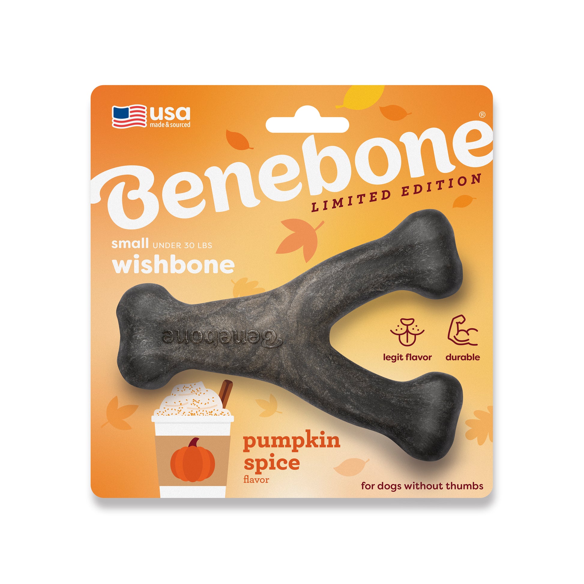 The Benebone Pumpkin Spice Wishbone is a wishbone-shaped chew for small dogs under 30 lbs, featuring festive orange packaging with fall leaves and a pumpkin spice latte—perfect for autumn adventures.