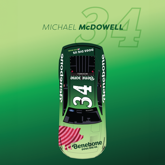 Image of hero card that has Michael McDowell's Race Car 34 with Benebone logo