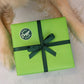 A green gift box with a dark green ribbon and a round Best Doggo Ever sticker sits between the paws of a light-colored dog—perfect for gifting Benebone’s Limited Edition Chew Collection (50% off).