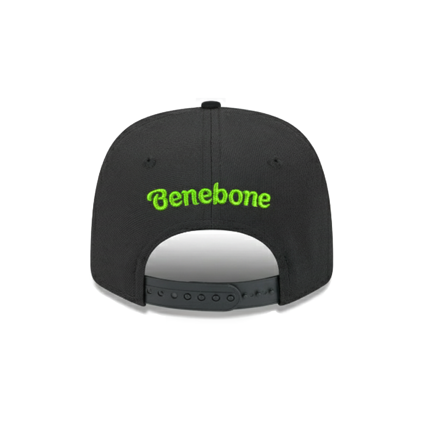 Black Benebone Pig Hat viewed from the back, featuring "Benebone" embroidered in bright green thread above the adjustable strap.