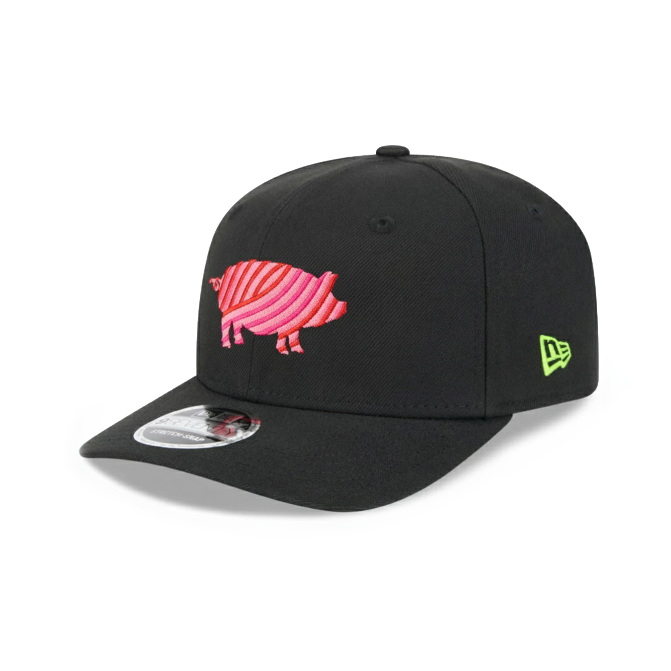 The Benebone Pig Hat is a black New Era 9SEVENTY Snapback with a pink and red striped pig on the front and a small neon yellow Benebone logo on the side.