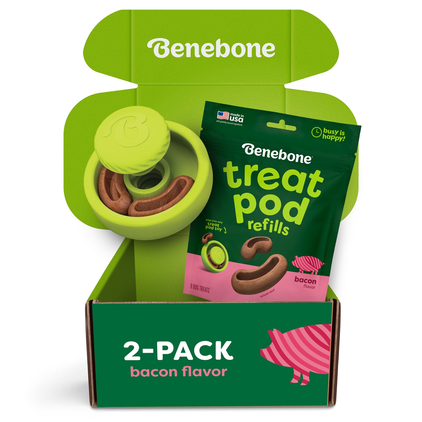 Unbox the Benebone Tongue Twister & Treat Pod 2-Pack, featuring an interactive puzzle toy and a bag of bacon-flavored treat pod refills. The green packaging with playful pink and white accents displays “2-PACK bacon flavor” text, making this fun and durable dog toy perfect for keeping your pup entertained—especially when you hide a peanut butter treat inside!.