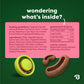 A green Benebone Treat Pod and two brown dog treats from the Tongue Twister & Treat Pod 2-Pack are displayed beside text outlining feeding guidelines, ingredients, nutritional analysis, and calorie information. Set on a green background, these peanut butter treats are ideal for use with an interactive puzzle toy or as a durable dog toy, providing delicious flavor and engaging fun for your pup.