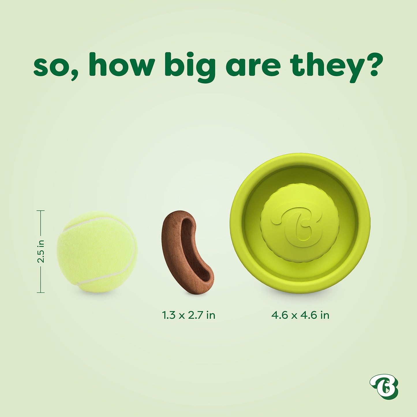 Three objects are shown: a tennis ball (2.5 in tall), a brown chew (1.3 x 2.7 in), and a round green pet bowl (4.6 x 4.6 in), with the text “So, how big are they?” above—perfect for comparing the size of your pup’s new Benebone Tongue Twister & Treat Pod 2-Pack interactive puzzle toy or durable dog toy, or even planning ahead!.