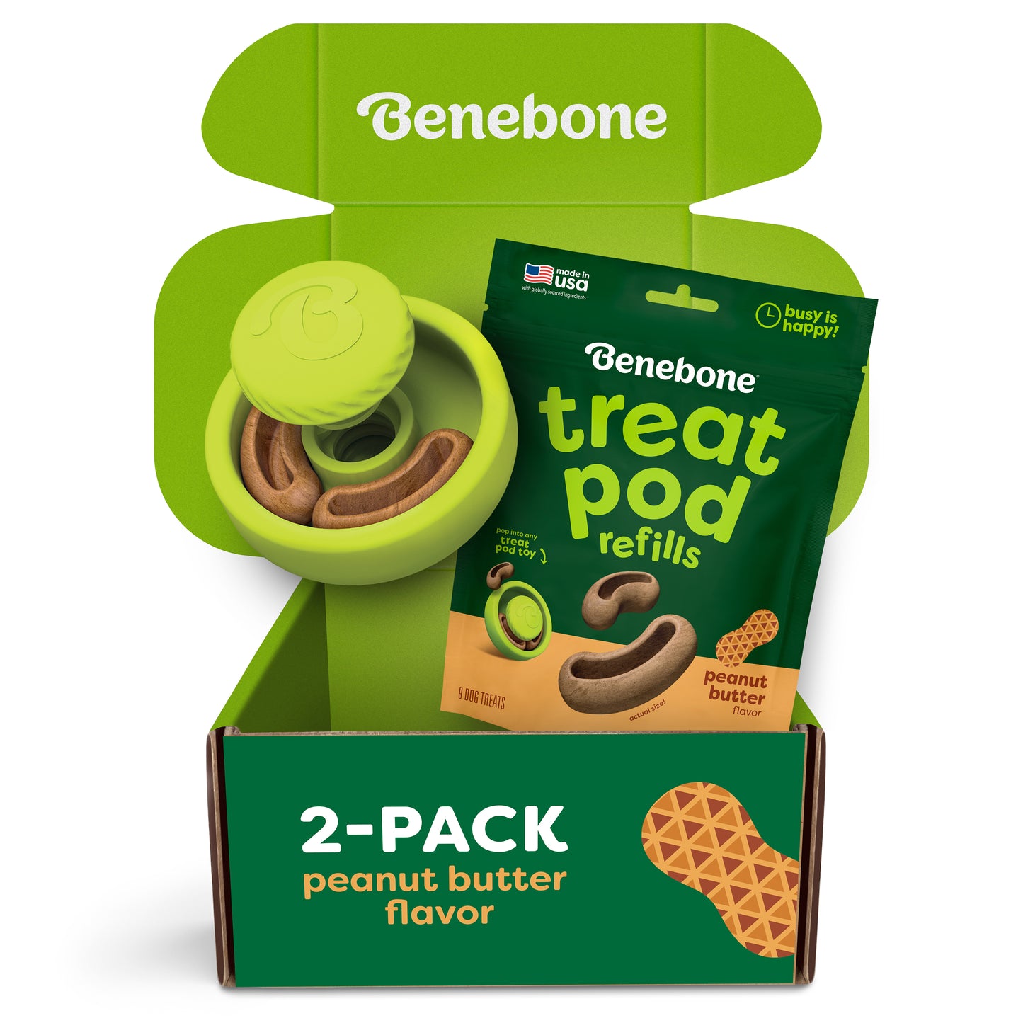 Open green box displaying the Benebone Tongue Twister & Treat Pod 2-Pack, complete with a bag of peanut butter treat refills and bold “Peanut Butter Flavor” text on the front—perfect as an interactive puzzle toy for your pup.