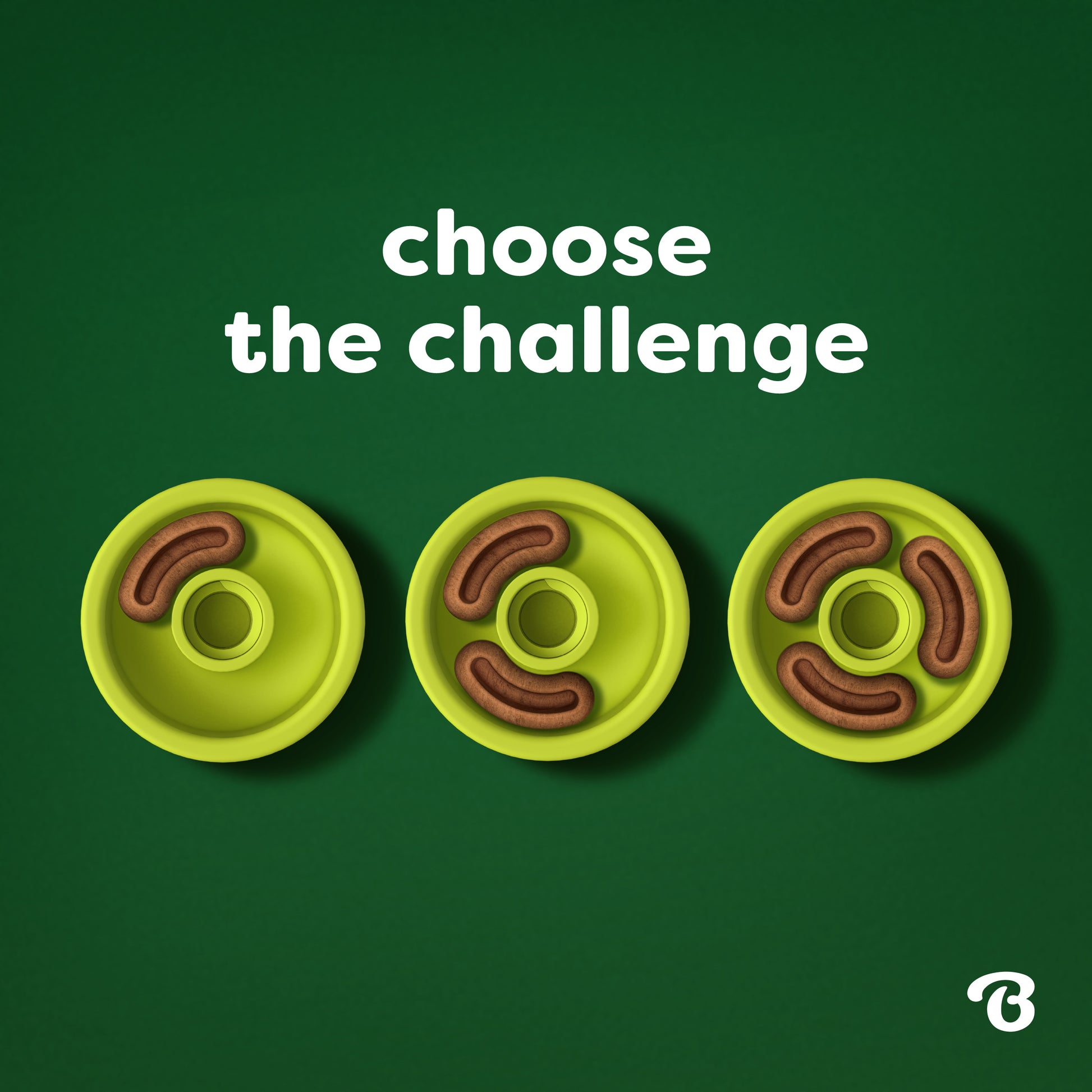 Three green, circular Benebone Tongue Twister & Treat Pod toys, each filled with peanut butter treats in unique arrangements, are displayed on a dark green background. White text above says "Choose the Challenge," and a small white Benebone logo appears in the bottom right corner.