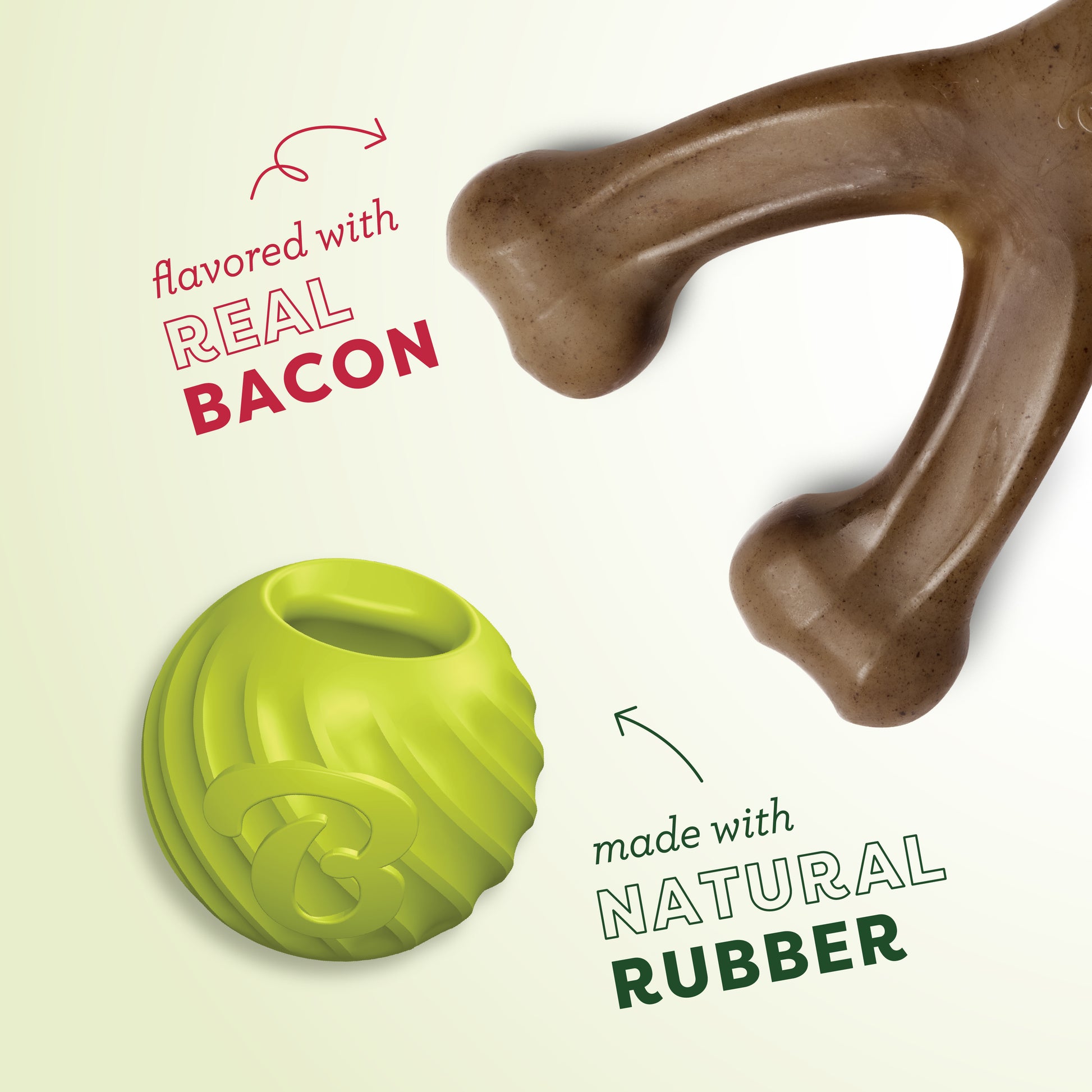 A sturdy Benebone Chew & Fetch Duo—bacon-flavored, Y-shaped dog chew toy—and a green natural rubber ball are displayed on a white background.