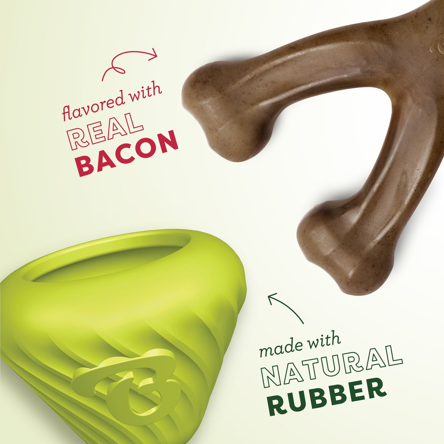 The Benebone Chew & Treat Duo features a brown nylon bacon-flavored bone chew and a green natural rubber treat-dispensing toy, displayed on a white background with arrows labeling each item.