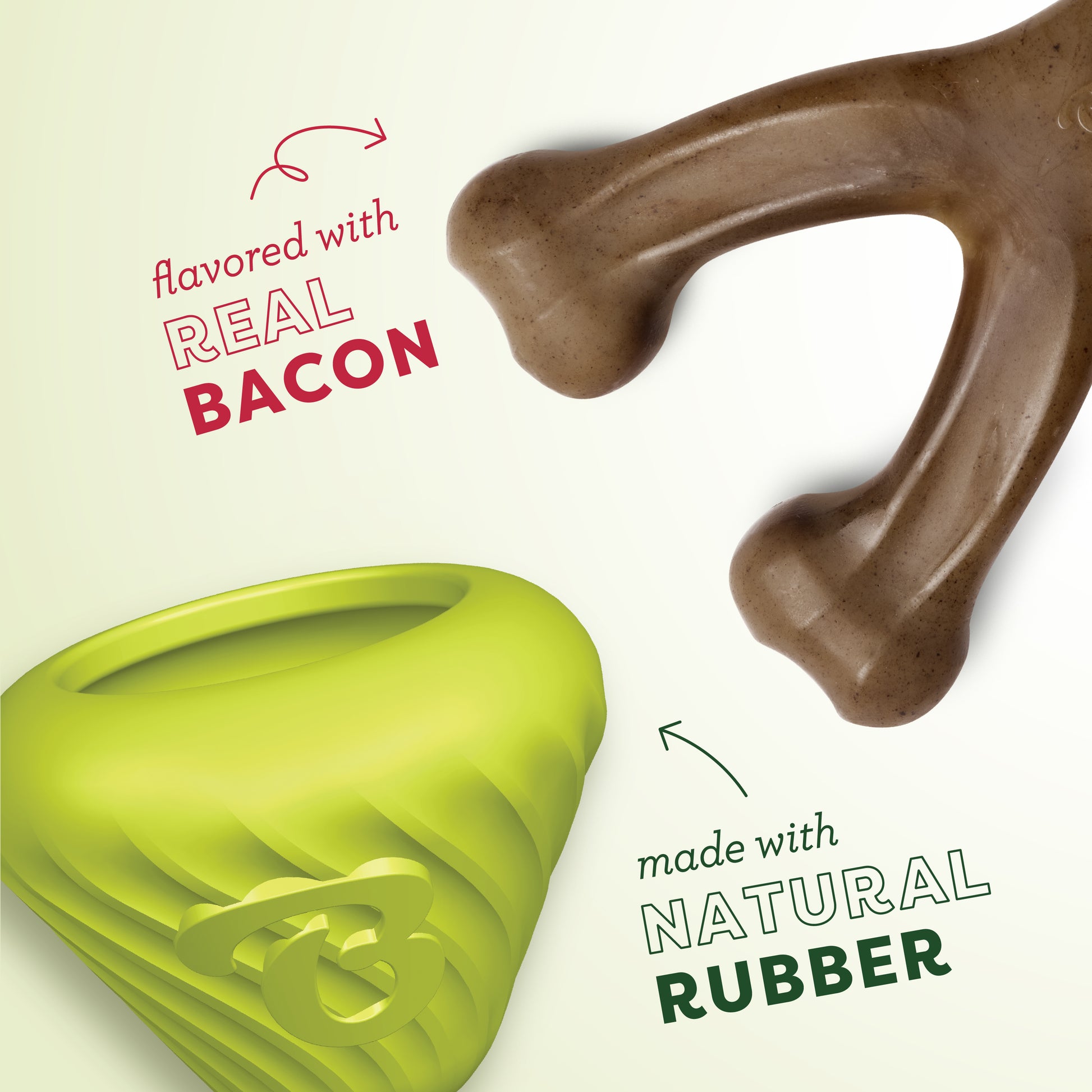 The Benebone Chew & Treat Duo features a brown nylon bacon-flavored bone chew and a green natural rubber treat-dispensing toy, displayed on a white background with arrows labeling each item.