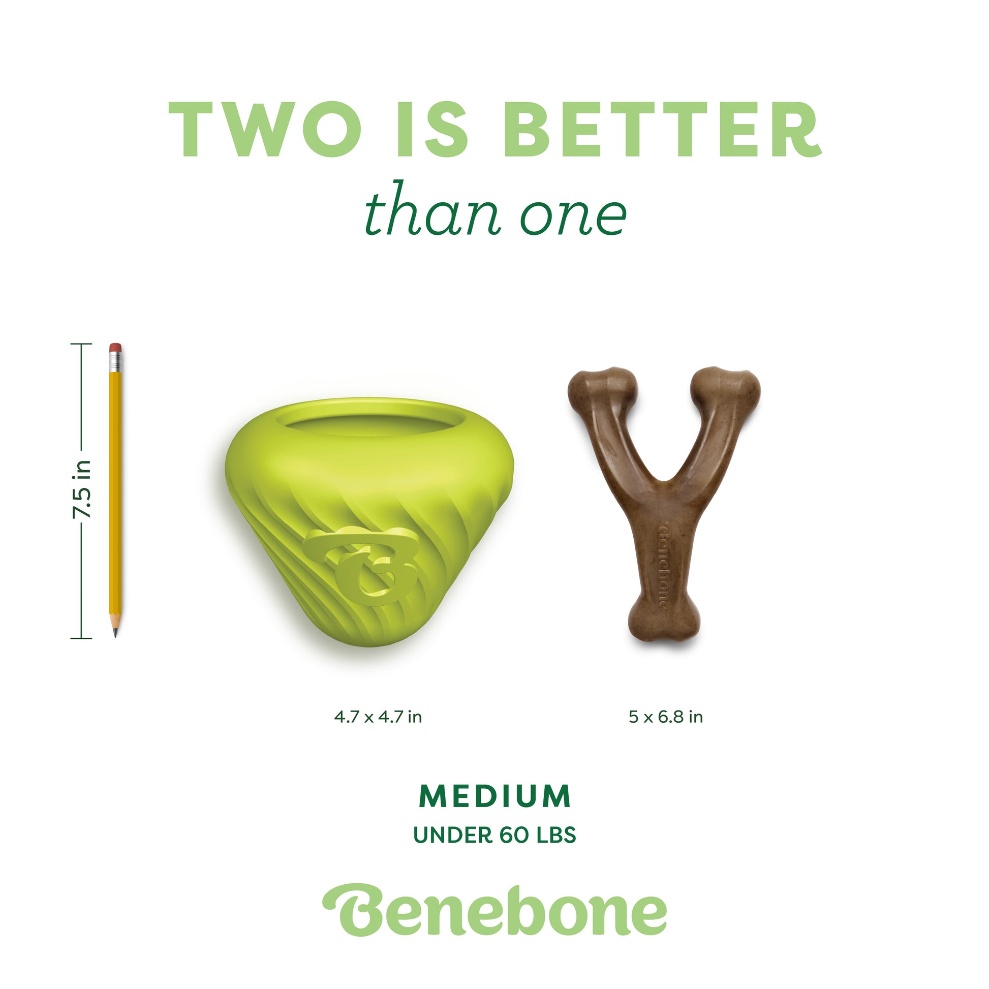 The Benebone Chew & Treat Duo is shown in yellow, green, and brown with sizes listed. Text reads: Two is better than one. Medium under 60 lbs. Benebone.