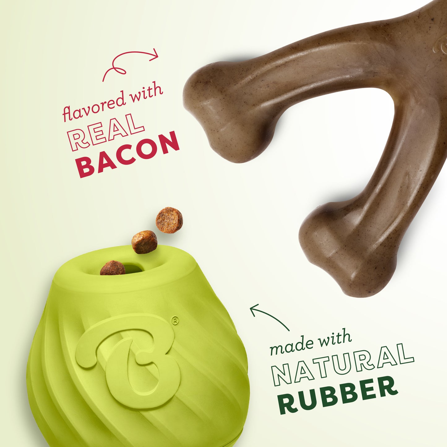 Benebone’s Chew & Challenge Duo (2-Pack) includes a bacon-flavored, wishbone-shaped chew toy and a green natural rubber treat toy, with arrows pointing to each.
