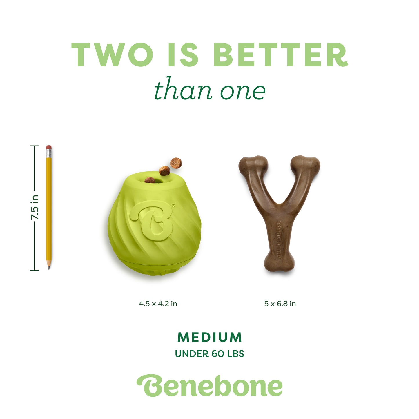 Image with Two is better than one. Shown: a 7.5 yellow pencil, green treat-dispensing dog toy, and Y-shaped brown chew toy. Text: Benebone Chew & Challenge Duo (2-Pack), Medium for dogs under 60 lbs.