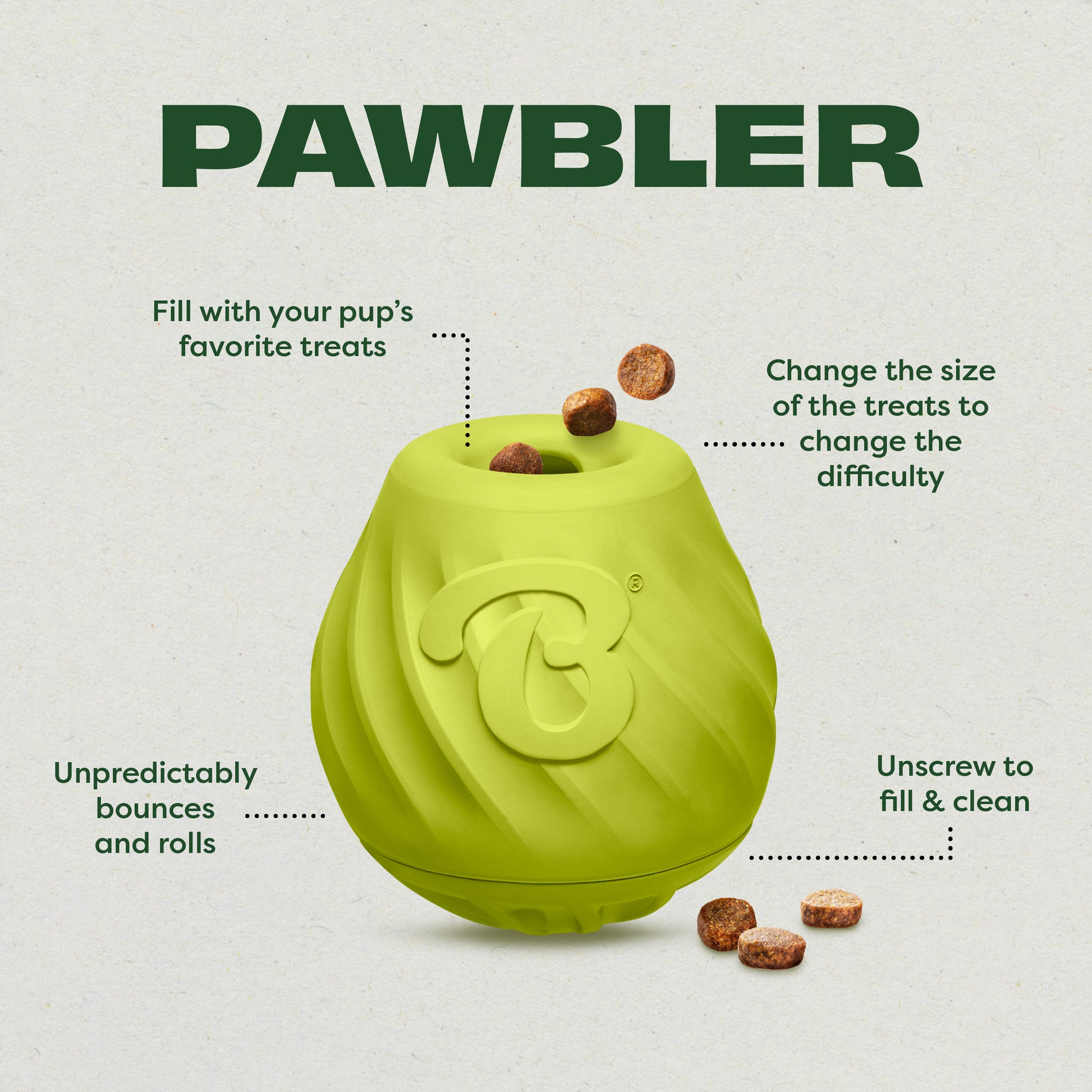The Benebone Classic Chew Collection + Pawbler is a green, paw-shaped interactive treat-dispensing toy with a fillable top, adjustable treat size, unpredictable bounce, and an easy-to-clean unscrewing bottom.