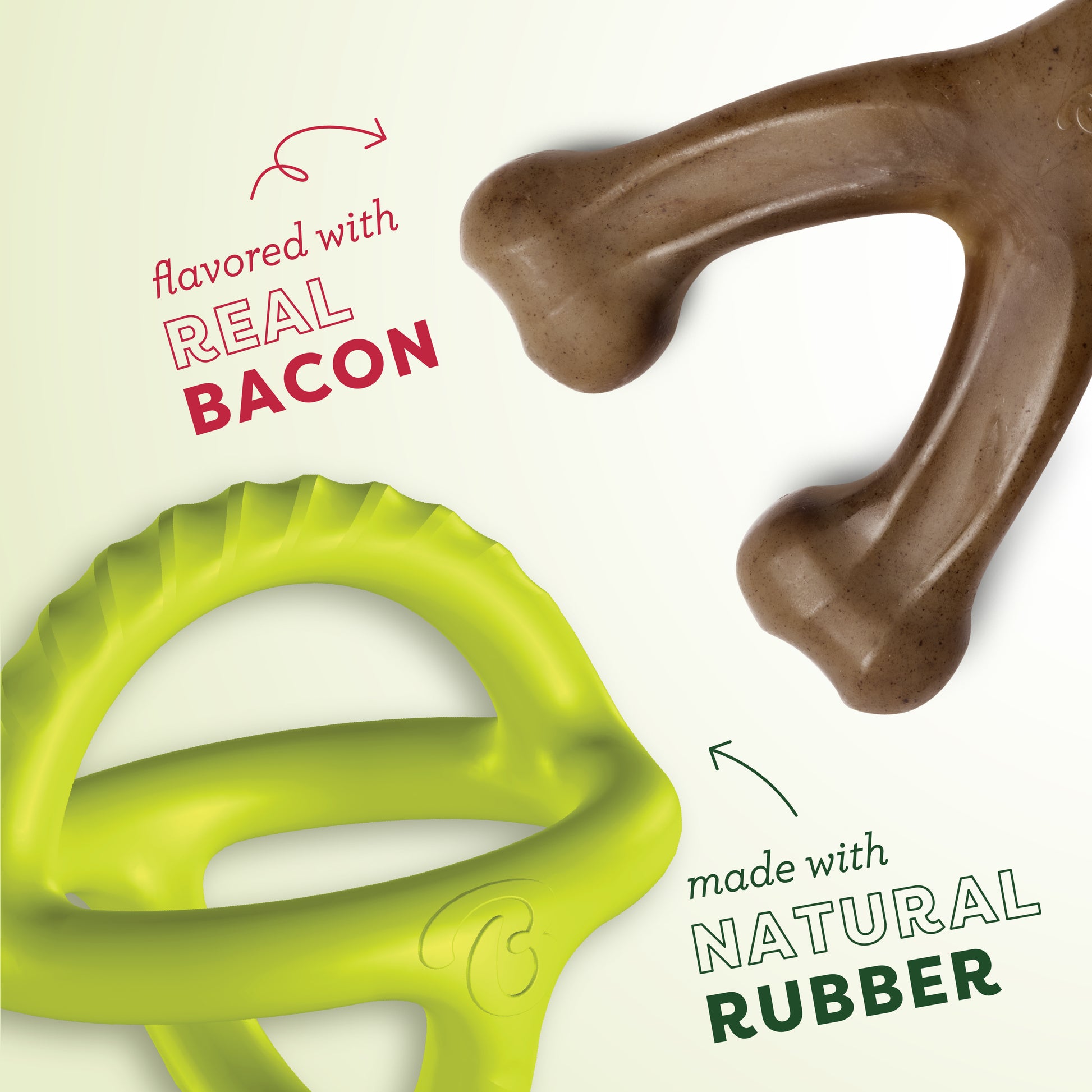 The Chew & Tug Duo (2-Pack) by Benebone features a brown bacon-flavored wishbone chew toy and a green circular durable dog toy made with natural rubber, shown on a light background.
