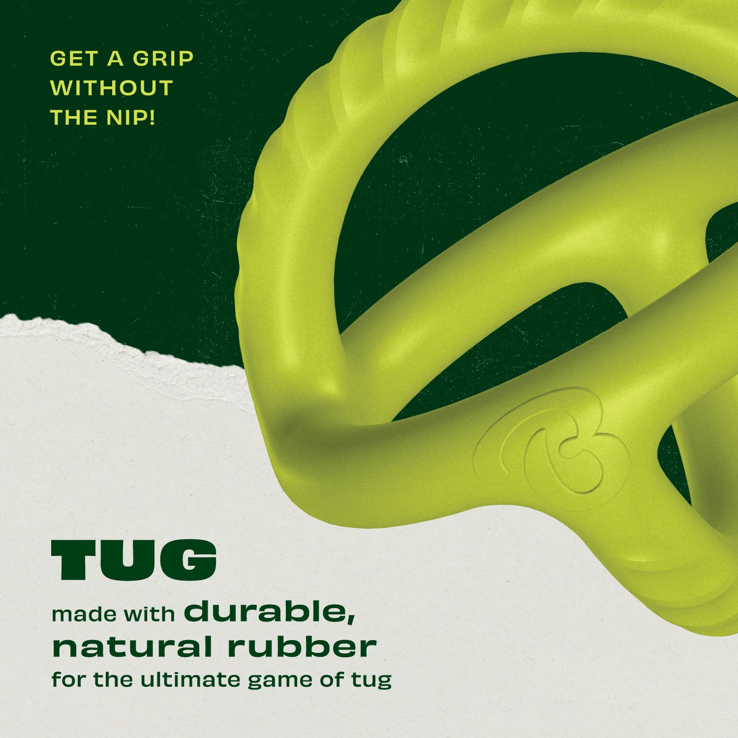 A green rubber dog toy with circular handles is on a green and white background. Text reads: GET A GRIP WITHOUT THE NIP! Benebone Chew & Tug Duo (2-Pack)—durable, natural rubber for ultimate tugging fun.