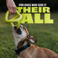 A brown and white dog tugs on a Benebone Chew & Tug Duo (2-Pack) durable chew toy held by a persons hand, with bold text above reading For dogs who give it their all. The background is grassy and blurred.