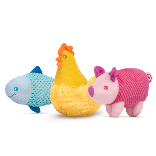 Benebone x ZippyPaws Plush 3-Pack featuring three squeaky plush dog toys shaped like a blue fish, a yellow chicken, and a pink pig.