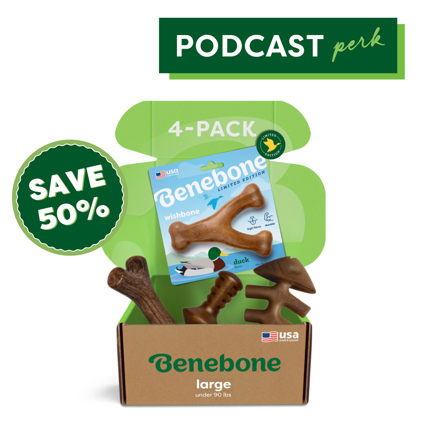 Benebone’s Limited Edition Chew Collection (50% off) features a 4-pack of durable dog toys for large dogs (under 90 lbs) in special packaging, with a Podcast Perk banner and one duck-flavored chew.