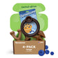 Open Benebone box labeled “Limited Edition Blueberry Chew Collection (4-Pack),” featuring exclusive dog chews, a blueberry muffin-themed card, and a green flap marked “limited edition,” with blueberries near these durable chew toys.