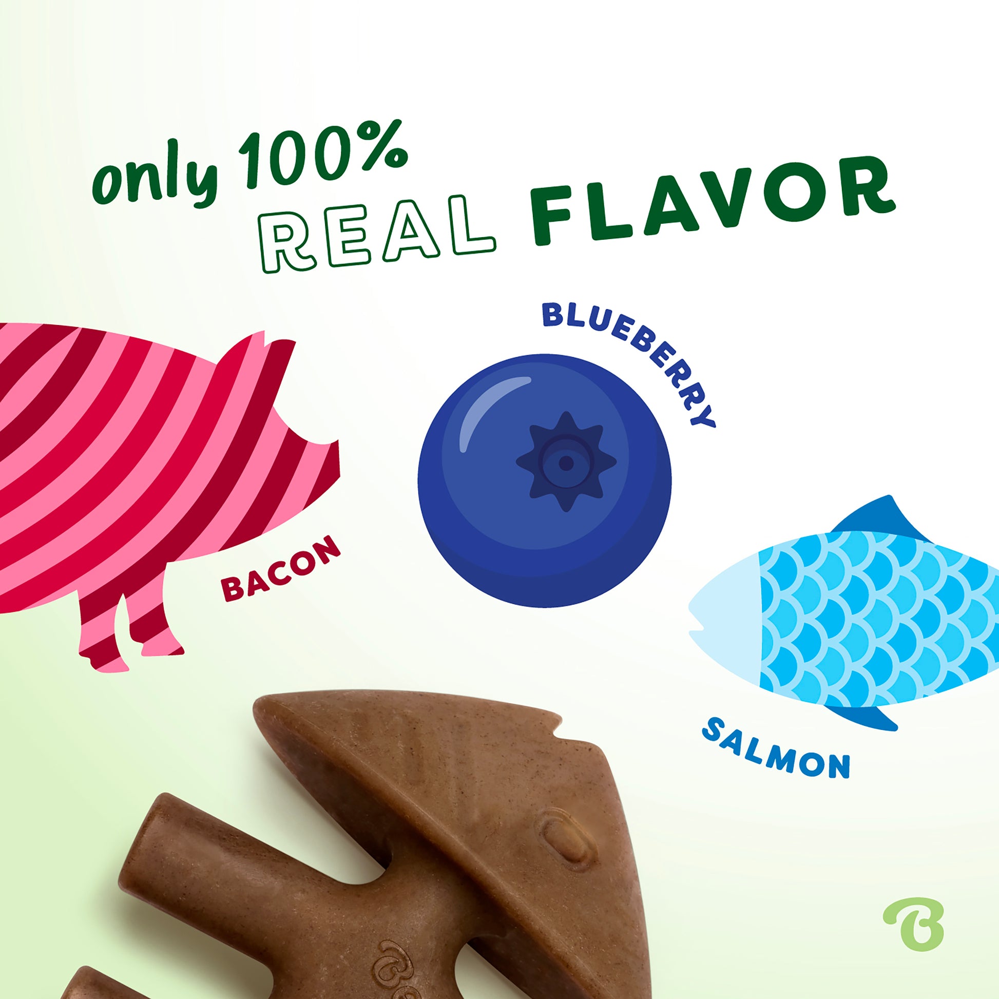 Illustration with a bacon-striped pig, blueberry, blue salmon fish, and brown dog treat on a light green background. Text reads "100% REAL FLAVOR." Features the Benebone logo—perfect for fans of durable dog toys. Limited Edition Chew Collection (4-Pack).