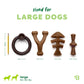 Four uniquely shaped brown dog chews from the Benebone Limited Edition Chew Collection (4-Pack) are lined up next to a pencil for scale. Text reads "sized for LARGE DOGS" (60–90 lbs); icons highlight their durability and large-dog suitability.