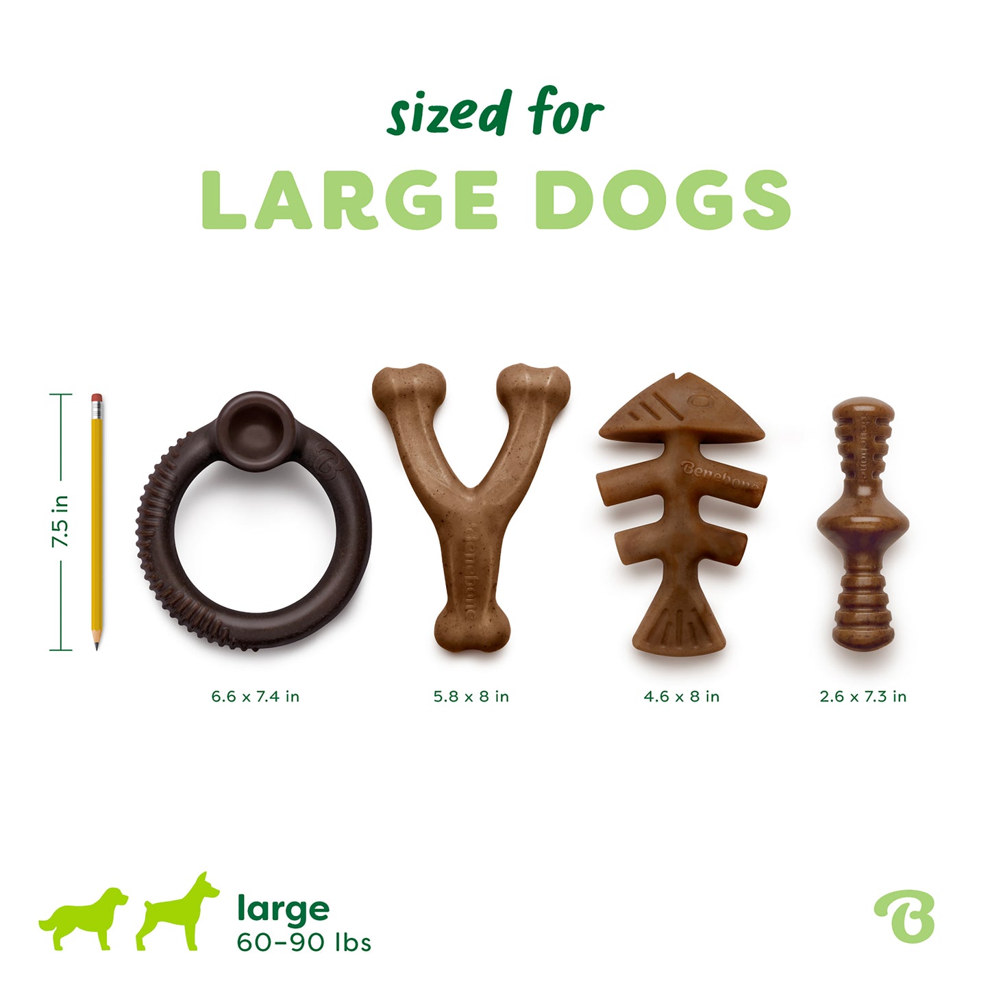 Four uniquely shaped brown dog chews from the Benebone Limited Edition Chew Collection (4-Pack) are lined up next to a pencil for scale. Text reads "sized for LARGE DOGS" (60–90 lbs); icons highlight their durability and large-dog suitability.