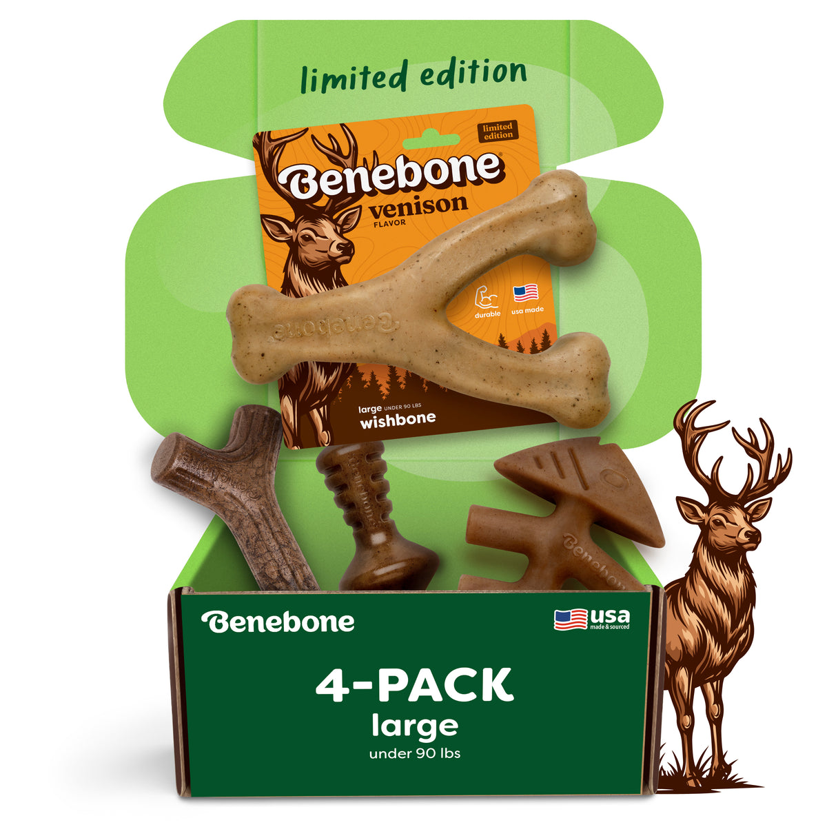 Unbox the Benebone Limited Edition Venison Chew Collection (4-Pack), featuring four large, durable dog chew toys—including a venison-flavored Benebone. The green box showcases a deer illustration, “limited edition” text, and a label stating “4-PACK large under 90 lbs” with a USA flag icon.