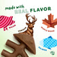 A durable dog chew toy from the Benebone Limited Edition Venison Chew Collection (4-Pack) is displayed alongside illustrations: a pig labeled Bacon, a deer labeled Venison, a maple leaf labeled Maple Wood, and a fish labeled Salmon. Text proclaims “made with REAL FLAVOR.” Treat your pup to an adventure in taste with these exclusive Benebone dog toys—the perfect limited edition chews for flavor-loving dogs!.