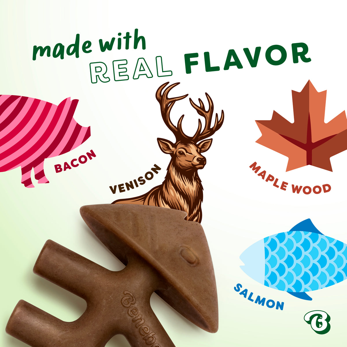 A durable dog chew toy from the Benebone Limited Edition Venison Chew Collection (4-Pack) is displayed alongside illustrations: a pig labeled Bacon, a deer labeled Venison, a maple leaf labeled Maple Wood, and a fish labeled Salmon. Text proclaims “made with REAL FLAVOR.” Treat your pup to an adventure in taste with these exclusive Benebone dog toys—the perfect limited edition chews for flavor-loving dogs!.