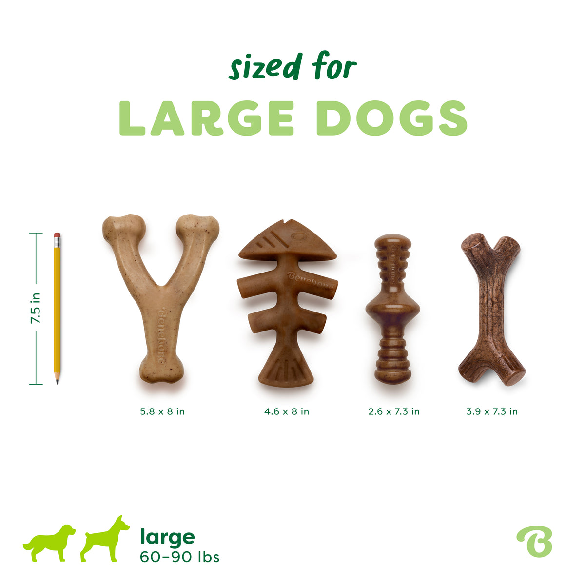 Four Benebone Limited Edition Venison Chew toys, each in a different shape and size, are displayed next to a 7.5-inch pencil for scale. Text reads: Sized for LARGE DOGS, large 60-90 lbs. Each durable dog chew toy is labeled with its dimensions.