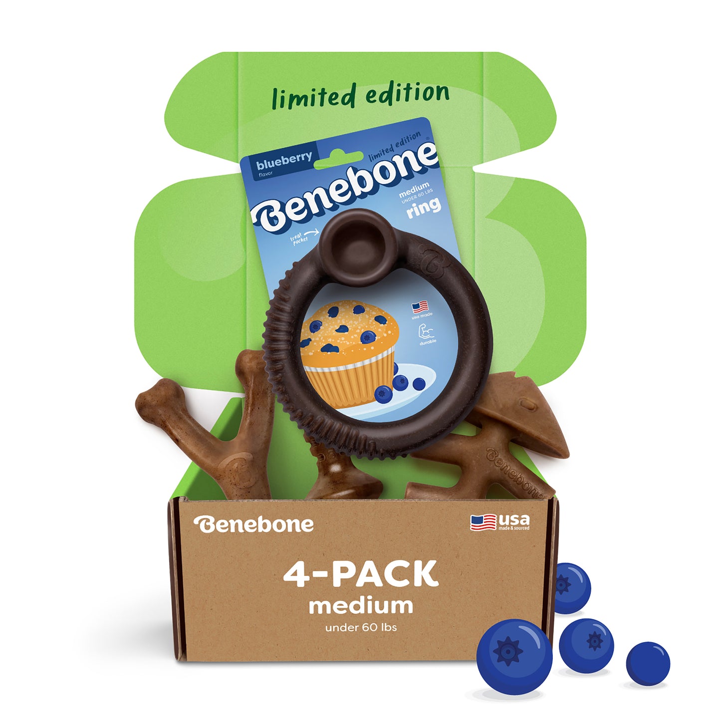 Open a Benebone Limited Edition Chew Collection 4-Pack box. Inside are four durable dog toys in ring and bone shapes, blueberry snacks, and a card with a blueberry muffin image. For medium dogs under 60 lbs.