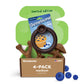 A Benebone Limited Edition Blueberry Chew Collection (4-Pack) for medium dogs under 60 lbs features four dog toys in a blueberry muffin-themed box with three blueberry-shaped chews, set inside a green-lined container.