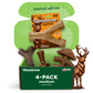 Open green box labeled Benebone Limited Edition Venison Chew Collection (4-Pack). Contains four durable dog chew toys and a package marked venison flavor. An illustration of a deer stands beside the box. Text: limited edition dog toy bundle and USA.
