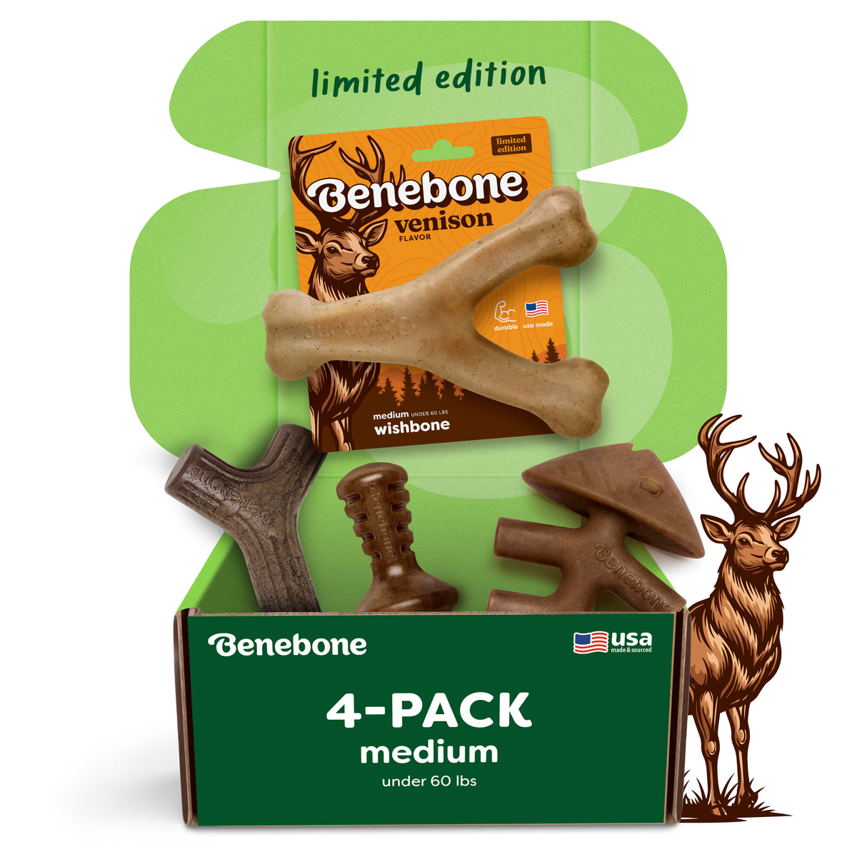 Open green box labeled Benebone Limited Edition Venison Chew Collection (4-Pack). Contains four durable dog chew toys and a package marked venison flavor. An illustration of a deer stands beside the box. Text: limited edition dog toy bundle and USA.