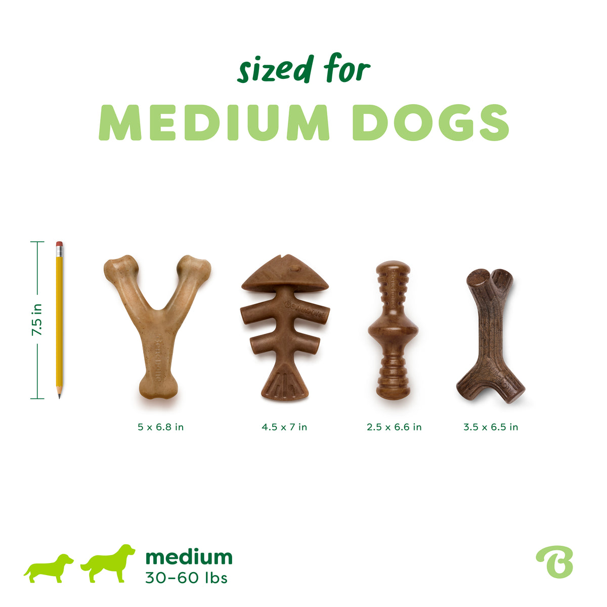 A pencil and four brown, durable Benebone Limited Edition Venison Chew Collection (4-Pack) dog chew toys of various shapes and sizes are lined up on a white background. Text reads “sized for MEDIUM DOGS, 30-60 lbs.” Measurements for each item are shown below each chew, making this the perfect limited edition dog toy bundle for your pup.